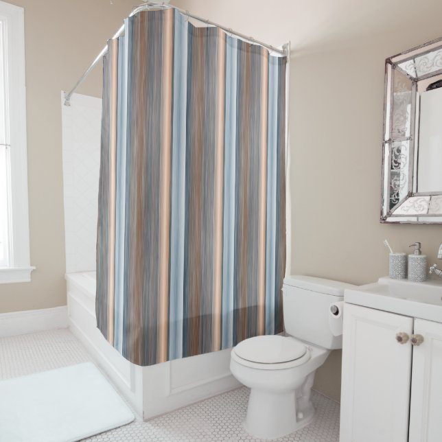 Cool Chic Brown Slate Blue Grey Stripes Art Shower Curtain (In Situ)