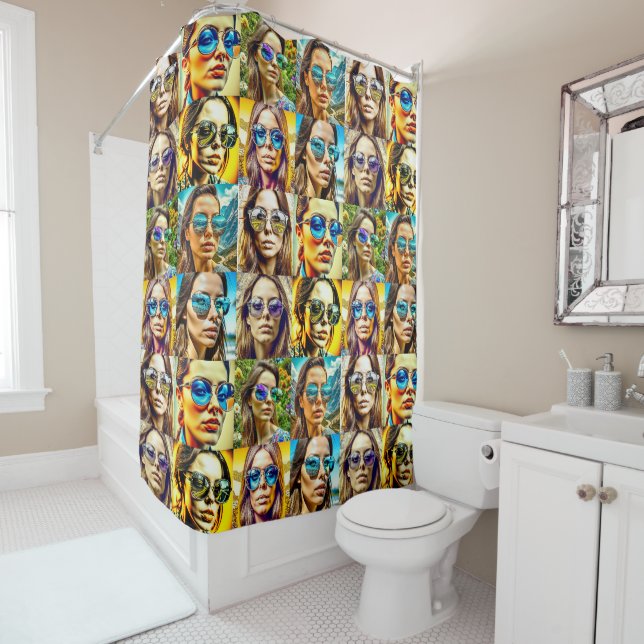 Cool Chicks in Sunglasses AI Art Shower Curtain (In Situ)