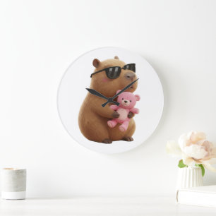 Cool Chill Capybara with Pink Teddy Bear Large Clock