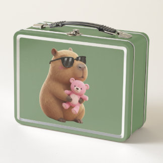 Cool Chill Capybara with Teddy Bear Metal Lunch Box