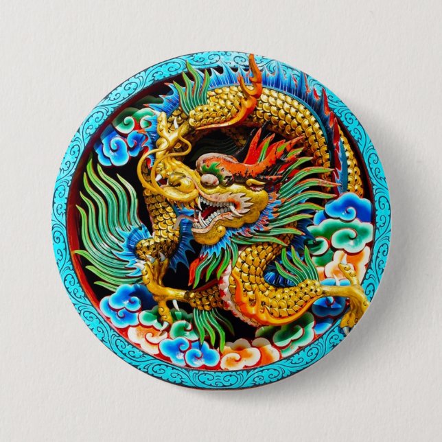Cool chinese colourful dragon paint lotus flower 7.5 cm round badge (Front)