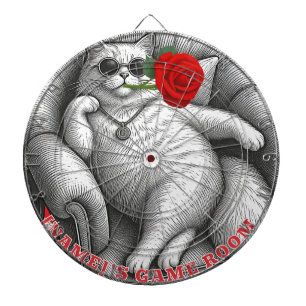 Cool Chonky Cat with Red Rose Vintage Sketch Art Dartboard