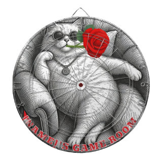 Cool Chonky Cat with Red Rose Vintage Sketch Art Dartboard