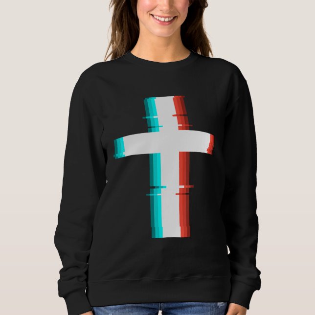 Cool Christian Cross Modern Glitch Effect Sweatshirt (Front)