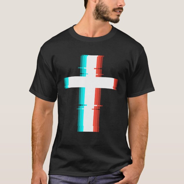 Cool Christian Cross Modern Glitch Effect T-Shirt (Front)