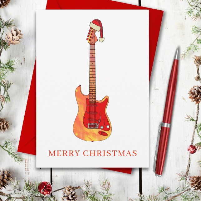 Cool Christmas Fire Guitar Holiday Postcard (Stylish simple guitar wearing a Santa hat merry Christmas holidays budget postcard)