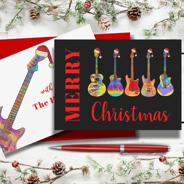 Cool Christmas Guitar Santas Holiday Card (Merry Christmas Cool colorful guitars wearing funny Santa hats black and red holidays greetings card)