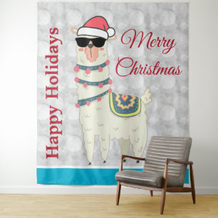 Cool Christmas llama in Santa Hat and Sunglasses Tapestry