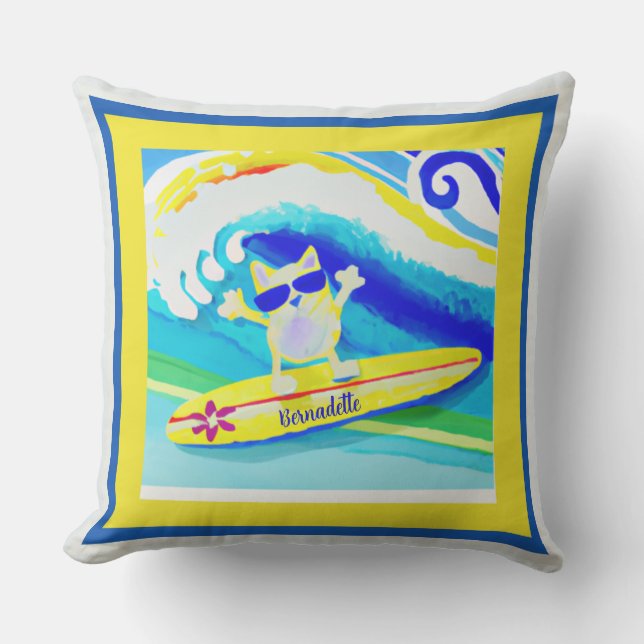 Cool Coastal Beach Vibes Surfer Cat Name  Cushion (Front)