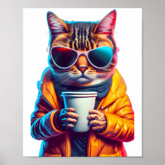 Cool Coffee Cat Modern Stylish Poster