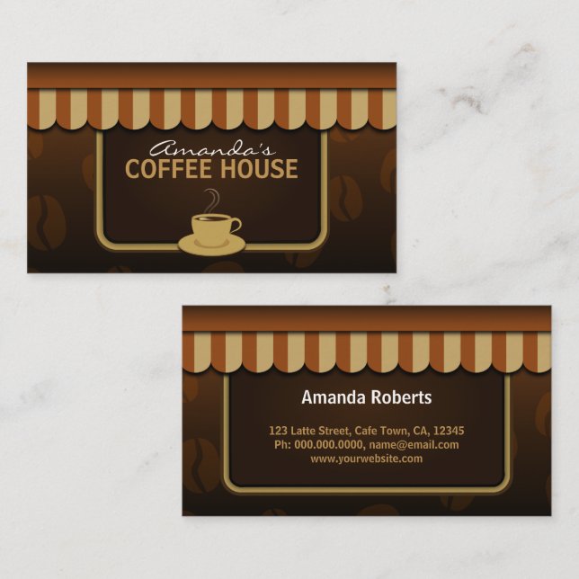 Cool Coffee Shop Brown and Beige Cafe Store Front Business Card (Front/Back)