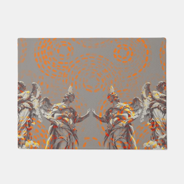 Cool collage of sculptures and orange circles doormat (Front)