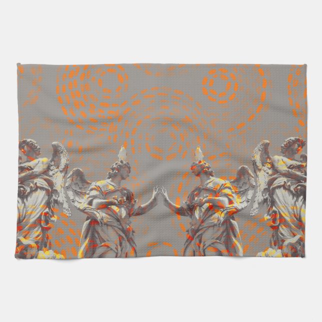 Cool collage of sculptures and orange circles tea towel (Horizontal)