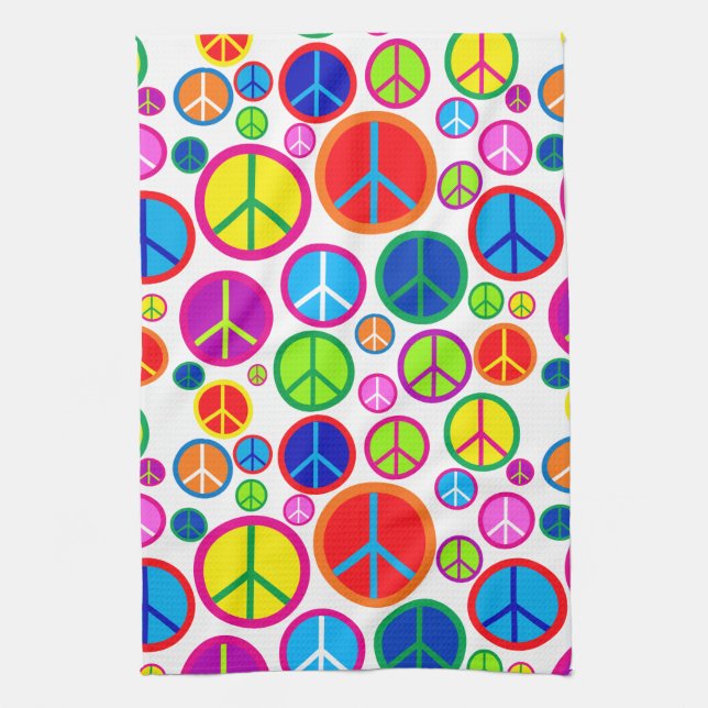 Cool Colorful Groovy Peace Symbols Tea Towel (Vertical)