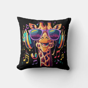 Cool Colorful Party Giraffe with Headphones Cushion