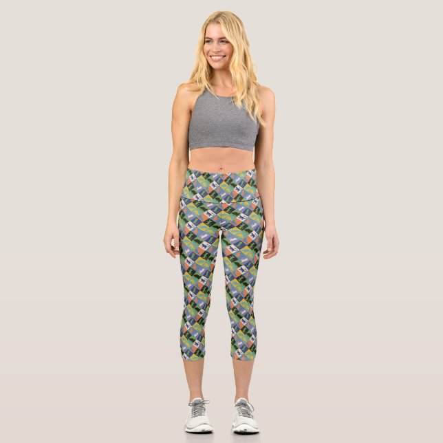 Cool Colourful Cat Silhouettes in Quilt Squares Capri Leggings (Front)