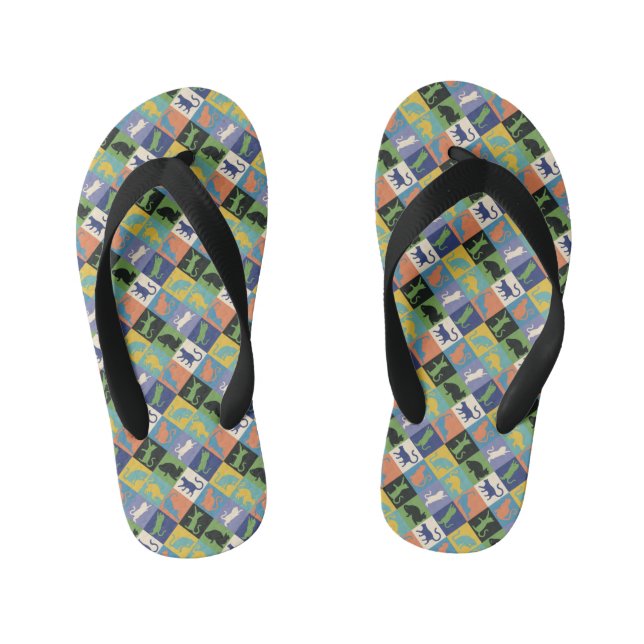 Cool Colourful Cat Silhouettes in Quilt Squares Kid's Jandals (Footbed)