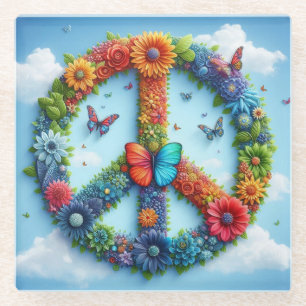 Cool & Colourful Floral Peace Sign with Butterfly Glass Coaster