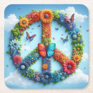 Cool & Colourful Floral Peace Sign with Butterfly Square Paper Coaster