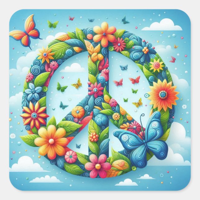 Cool & Colourful Floral Peace Sign with Butterfly Square Sticker (Front)