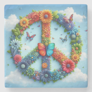 Cool & Colourful Floral Peace Sign with Butterfly Stone Coaster
