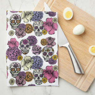 Cool & Colourful Floral Sugar Skulls Design Tea Towel