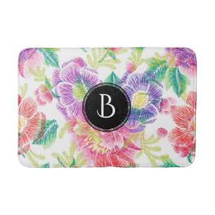 Cool Colourful Flowers Pattern Monogram Bath Mat