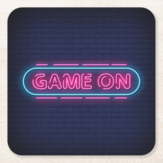 Cool & Colourful Game On Simulated Neon Sign Square Paper Coaster (Front)