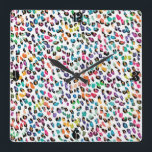 Cool colourful girly trendy Leopard animal print Square Wall Clock<br><div class="desc">Cool colourful girly trendy Leopard animal print pattern,  pink,  blue,  green,  orange,  purple,  white,  black colours. Personalise it with your name favourite word or phrase by clicking the customise button and add text,  choose the text font and colour. Image print</div>