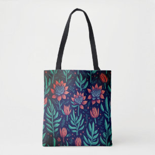Cool Colourful Green Succulents Red Floral Pattern Tote Bag