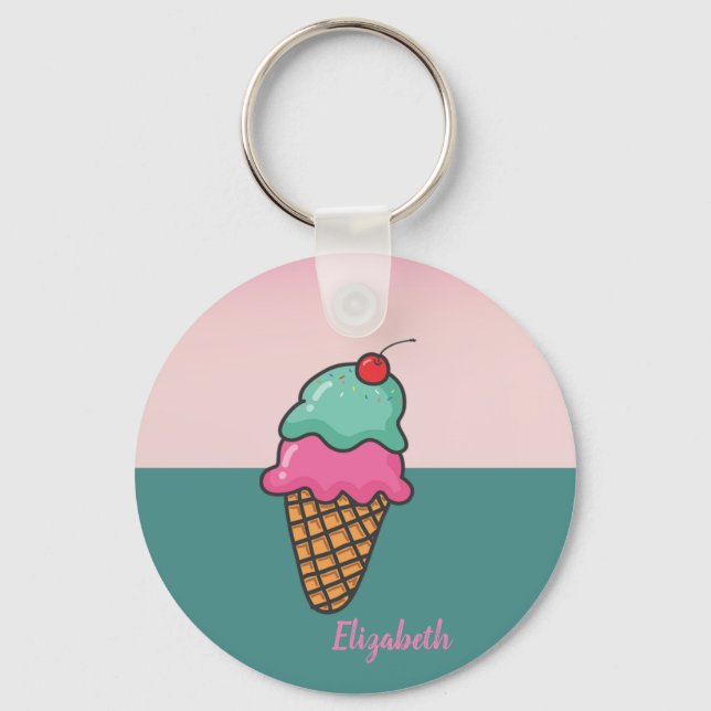Cool Colourful Ice Cream Cones -Personalised Key Ring (Front)