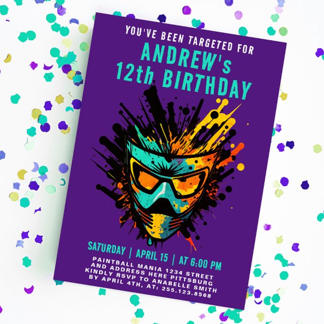 Cool Colourful Paintball Splatter Purple Party Invitation (Creator Uploaded)