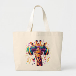 Cool Colourful Party Giraffe with Headphones  Large Tote Bag