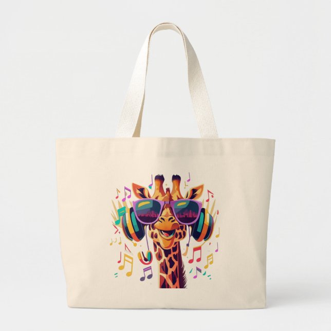 Cool Colourful Party Giraffe with Headphones  Large Tote Bag (Front)