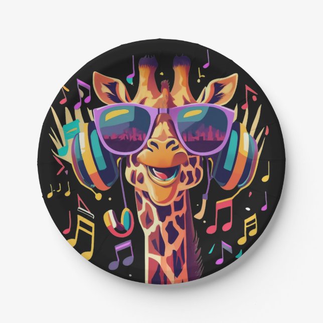 Cool Colourful Party Giraffe with Headphones  Paper Plate (Front)