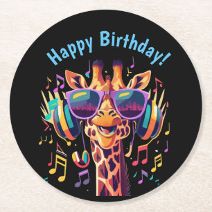 Cool Colourful Party Giraffe with Headphones Round Paper Coaster