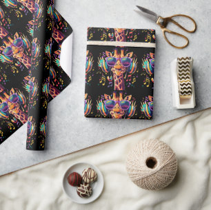 Cool Colourful Party Giraffe with Headphones Wrapping Paper