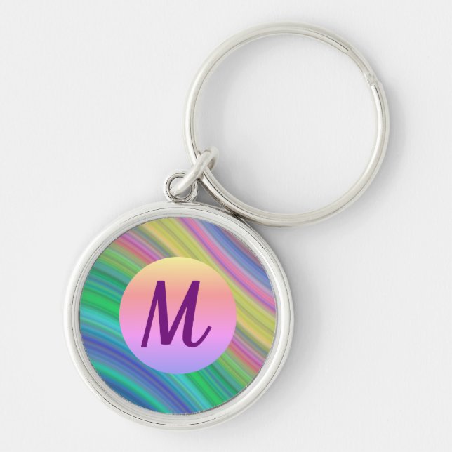 Cool Colourful Rainbow Waves Monogram Key Ring (Front)