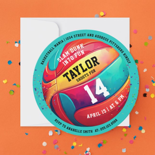 Cool Colourful Sport Slam Dunk Aqua Blue Basketbal Invitation (Creator Uploaded)