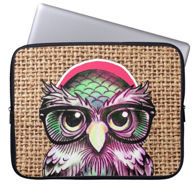 Cool  Colourful Tattoo Wise Owl With Funny Glasses Laptop Sleeve (Front)