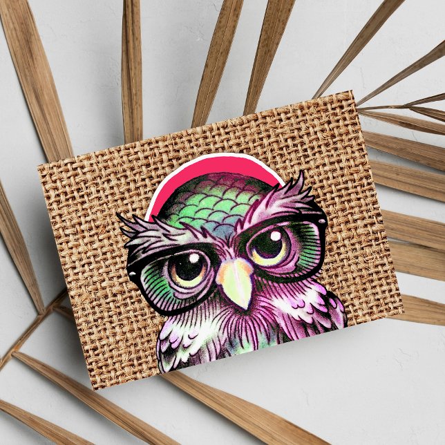 Cool  Colourful Tattoo Wise Owl With Funny Glasses Postcard (Cool Colorful Tattoo Wise Owl With Funny Glasses )