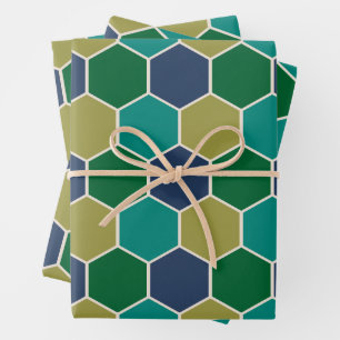 Cool Colourful Turquoise & Navy Geometric Hexagon Wrapping Paper Sheet
