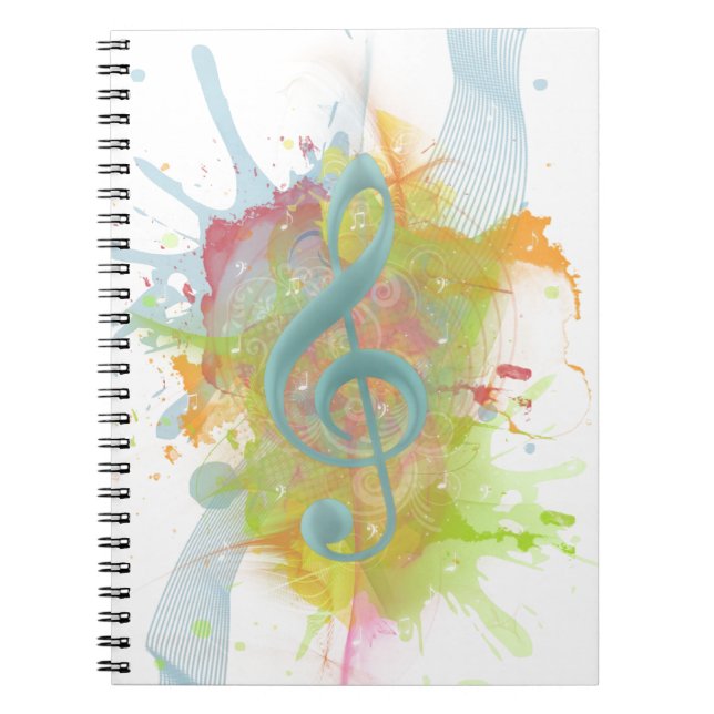 Cool colourful watercolour splatters music notes spiral notebook (Front)
