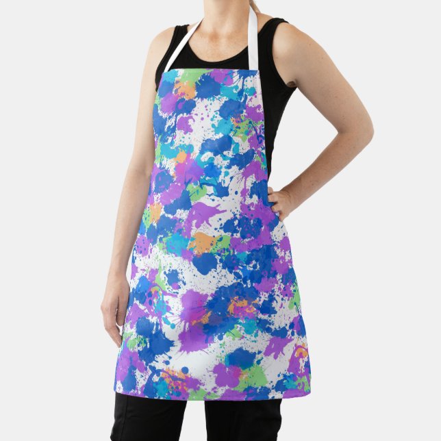 Cool Colours Abstract Splatter Paint, Blurple Apron (Insitu)