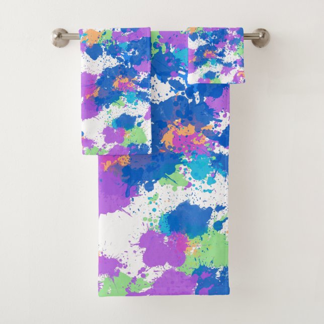 Cool Colours Abstract Splatter Paint, Blurple Bath Towel Set (Insitu)