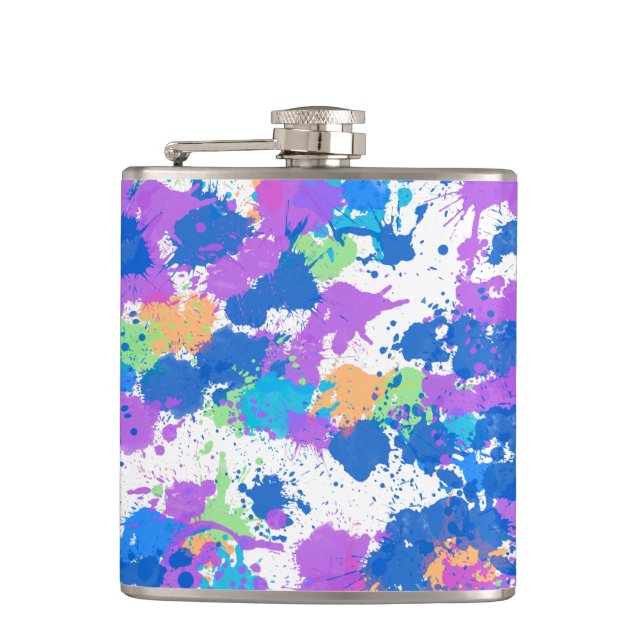 Cool Colours Abstract Splatter Paint, Blurple Hip Flask (Front)