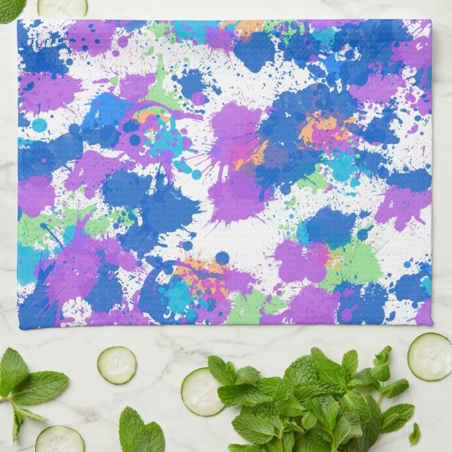 Cool Colours Abstract Splatter Paint, Blurple Tea Towel (Folded)
