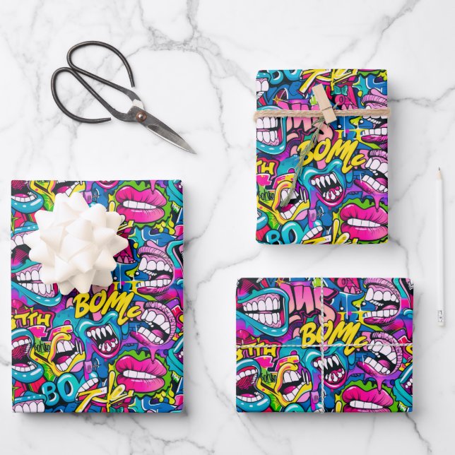 Cool comic graffiti tiled pattern  wrapping paper sheet (Front)