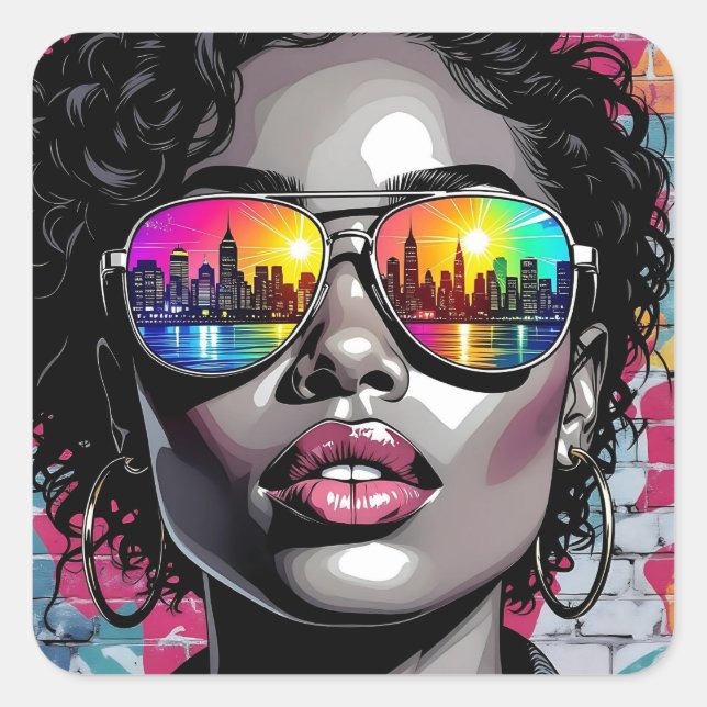 Cool Comic Woman in City with Sunglasses Square Sticker (Front)