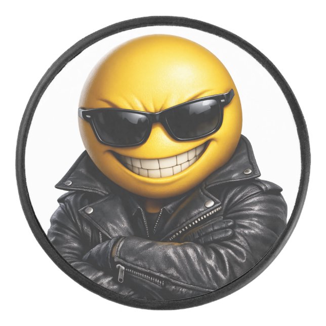 Cool Confident Emoji Leather Jacket Hockey Puck (Front)